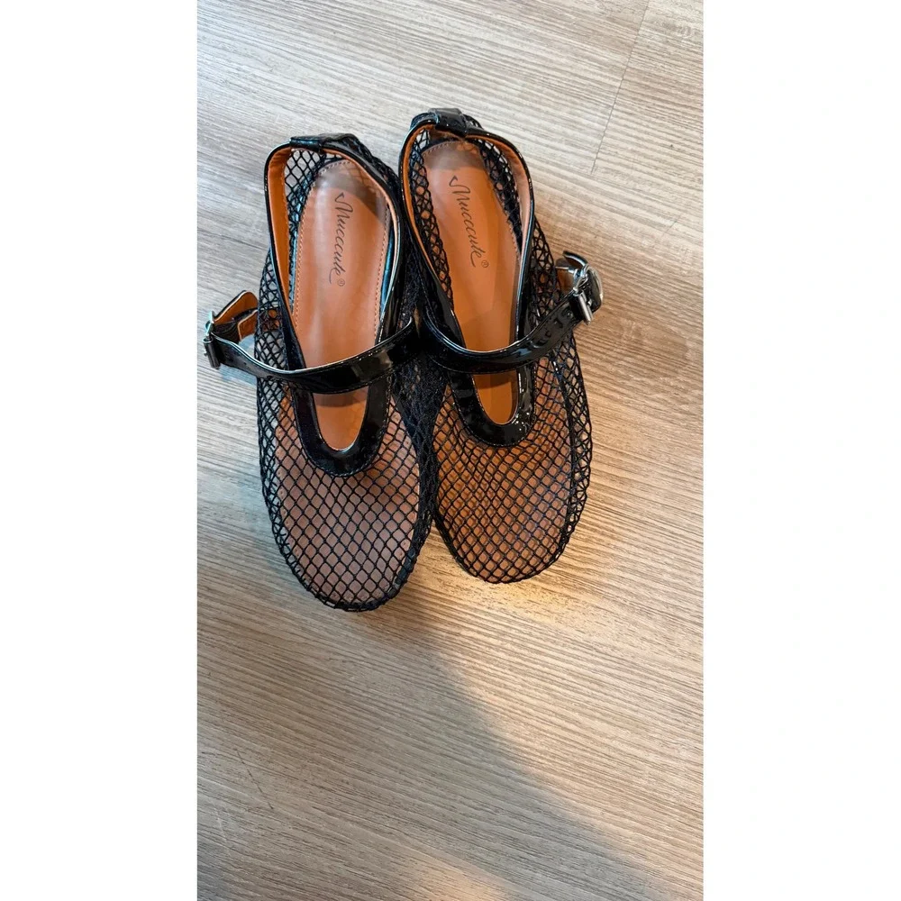 Mucccute Black Mesh Mary Jane Flats Patent Trim Buckle Strap Shoes Size 6